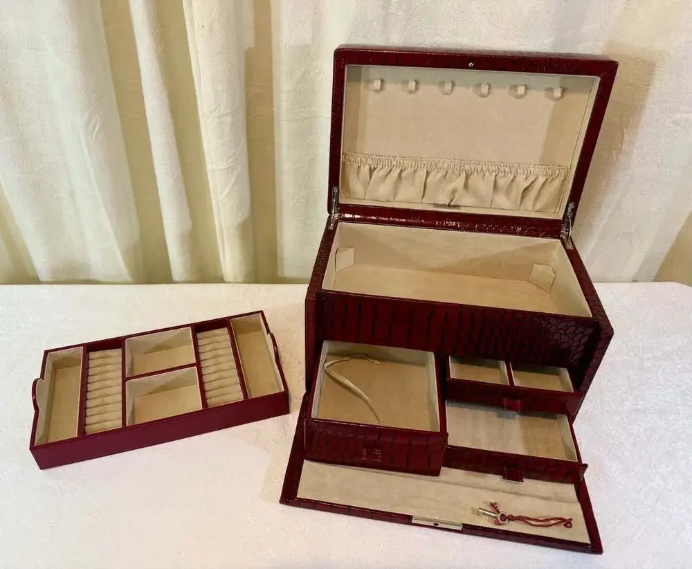 Wolf Jewelry Box w/ LusterLoc Protection, Red Faux Croc Leather